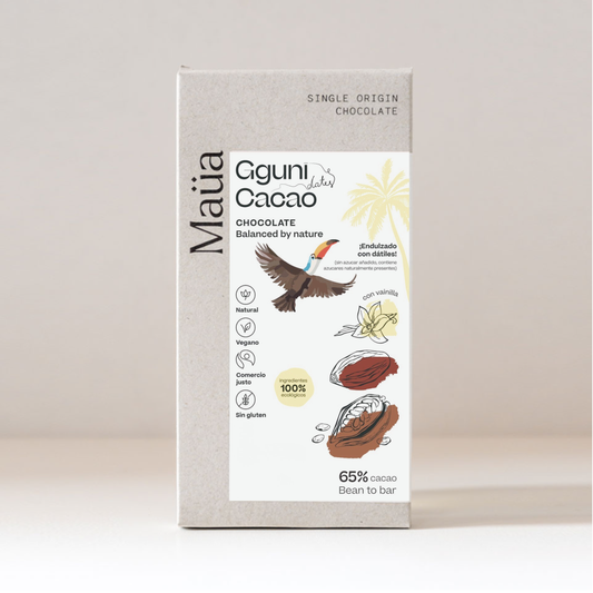 65% Chocolate with Vanilla, sweetened with dates. Vegan friendly.