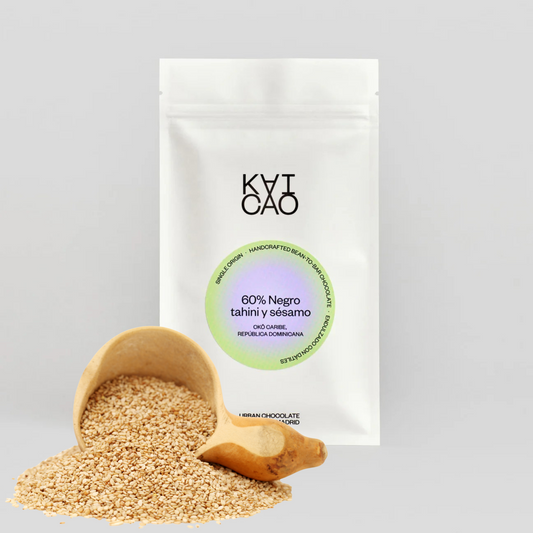 60% Dark Chocolate with Tahini and Roasted Sesame, sweetened with dates