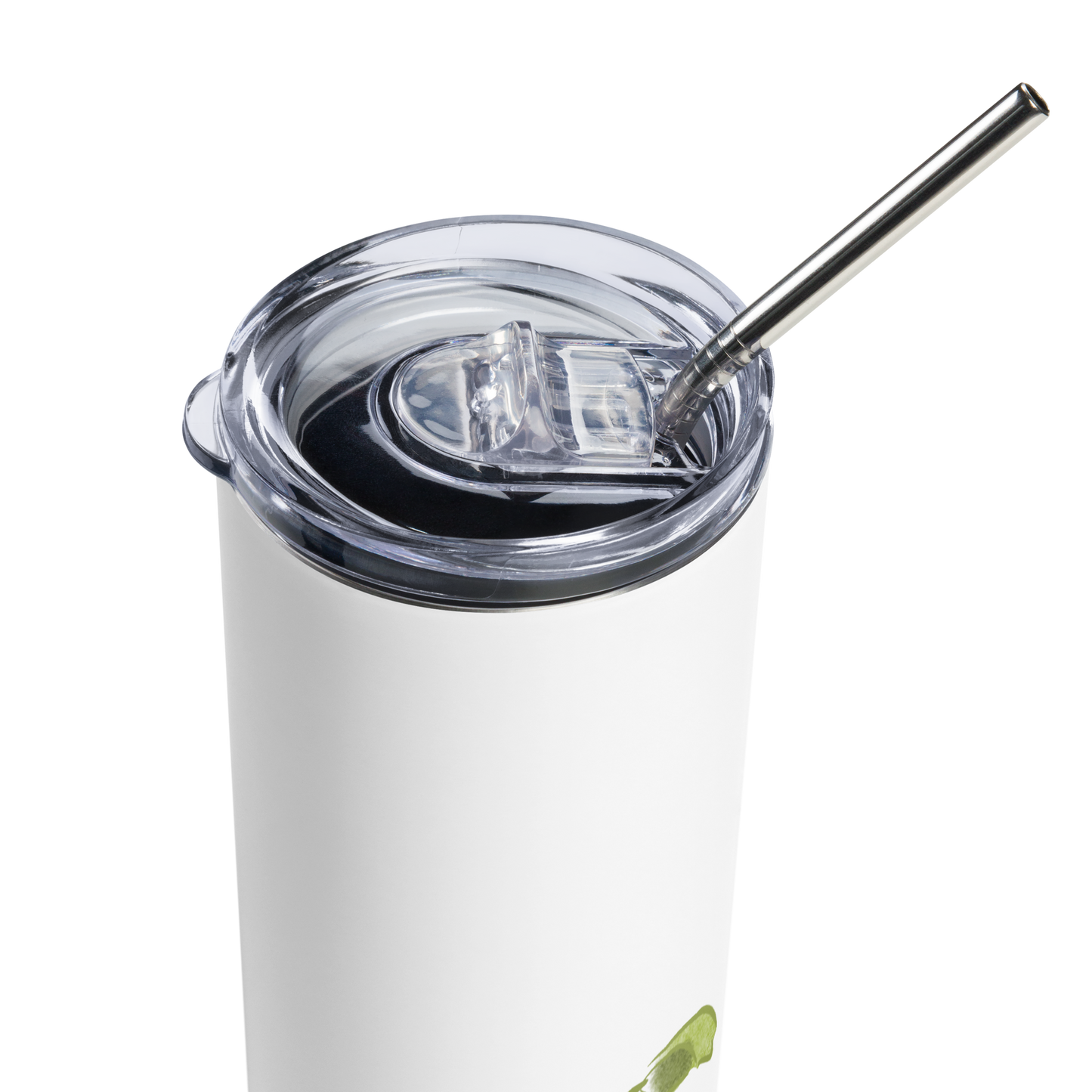 Stainless steel tumbler with growing plant and words: My conscious choices - balanced by nature